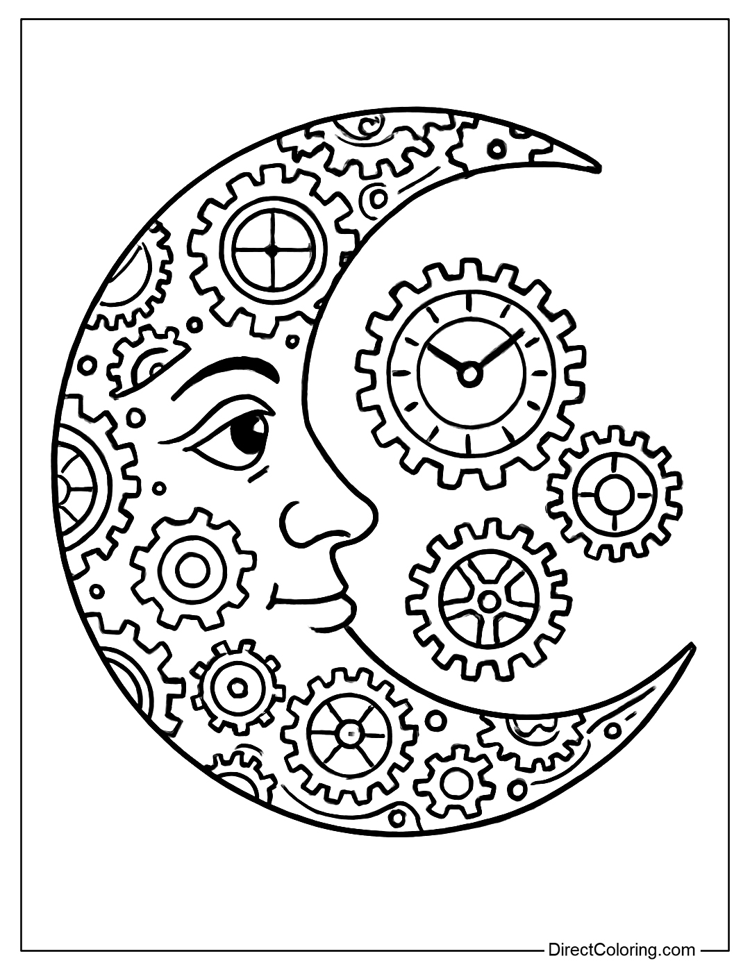 Steampunk-style moon coloring page with gears and mechanical details